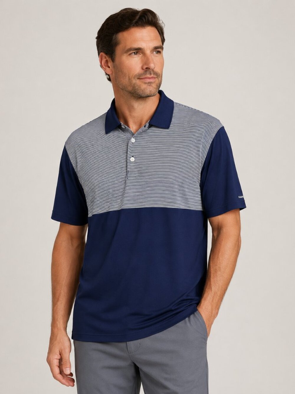 Chaps Golf Navy Stripe Polo Shirt L Stay-Dry Performance Preppy Stretch Classic